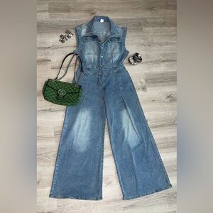 Sleeveless Denim Button Down Collared Jumpsuits
